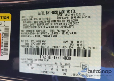 2024 Ford Mustang Ecoboost Fastback из США, поврежденный, VIN 1FA6P8TH1R5114830